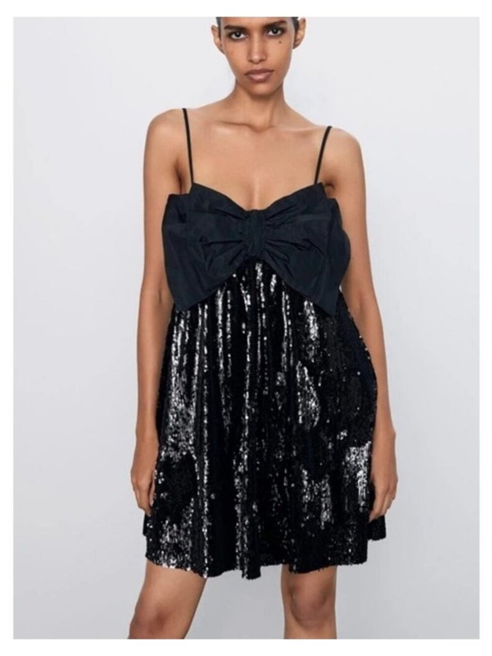 NWT ZARA Bow Sequin Mini Dress Size XS Black - Picture 2 of 13